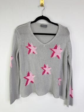Wooden Ships Gray & Pink Star V Neck Crochet Slouchy Long Sleeve Sweater - S/M
